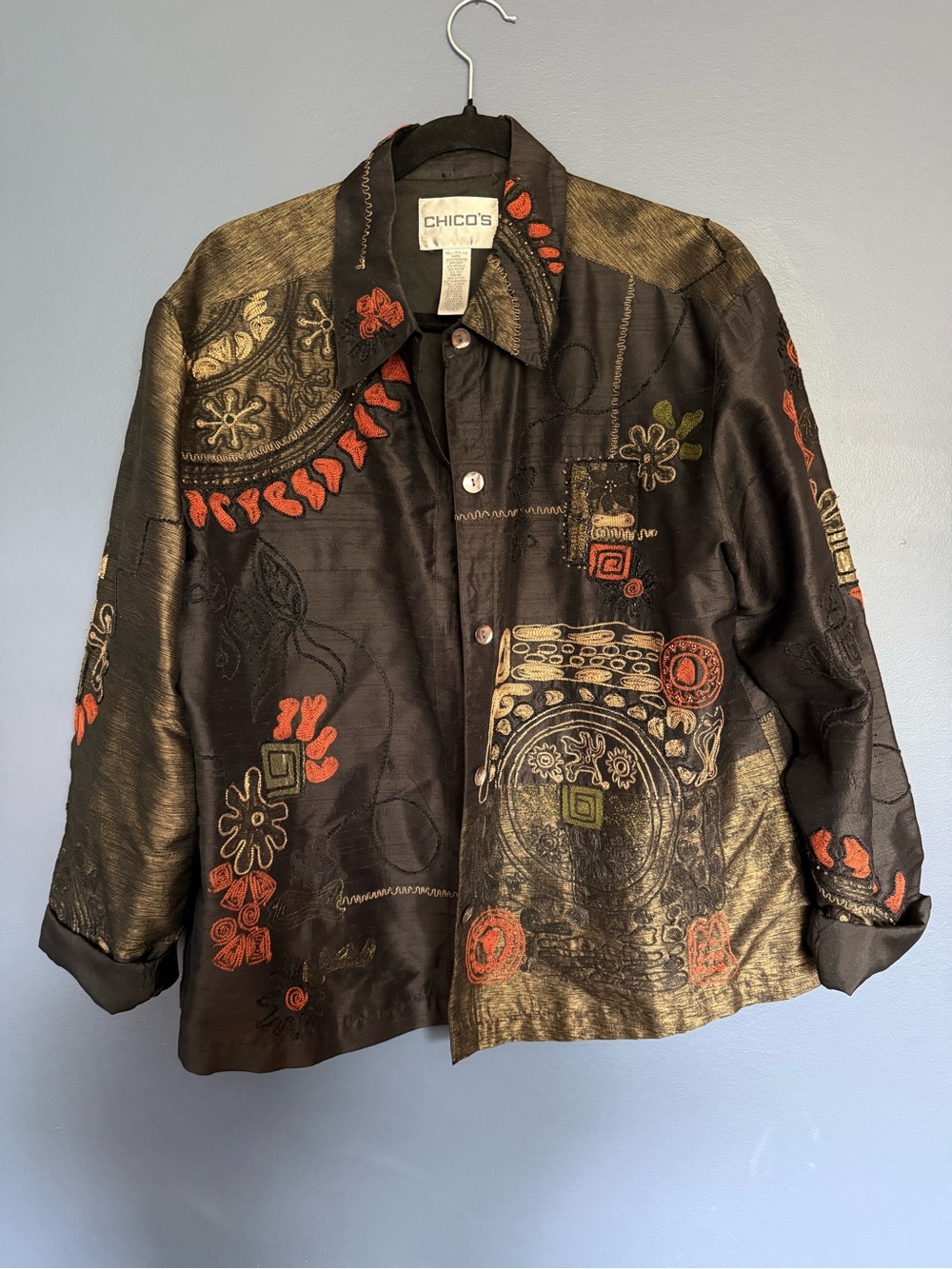Chico's PURE SILK Women's Black Patterned Button-Up Shirt